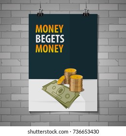 Vector posters template with money bills and coins and an inscription on a brick wall background