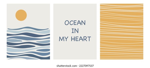Afiches vectoriales. Concepto de viajes. Ilustraciones con olas oceánicas y el sol. Juego de tres tarjetas aisladas