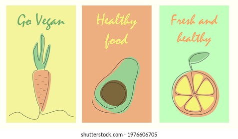 Vector posters with vegetables and fruits. Vegan colorful concept. Set of healthy food cards. Linear concept in pastel color. Simple illustration with title about vegetarianism.