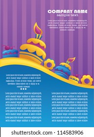 vector poster,with images of cakes and donuts on striped colorful background