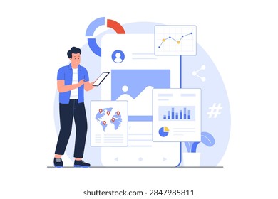 Vector of Posting Analytics Social Media Engagement Isolated Illustration. Flat illustration of a marketer analyzing post metrics, audience charts, and global performance on a smartphone interface.