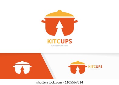 Vector pot and arrow up logo combination. Kitchen and growth symbol or icon. Unique pan and upload logotype design template.