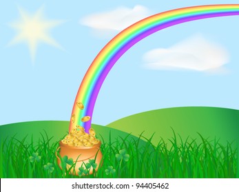 vector pot of gold coins and rainbow on the field