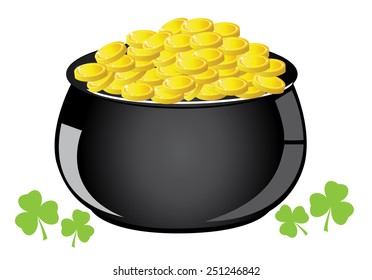 vector pot with golden coins and clover leaves