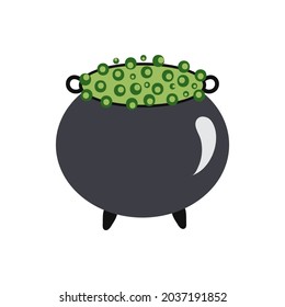 Vector pot with green potion and bubbles isolated. Halloween vector illustration. Halloween kettle with potion.