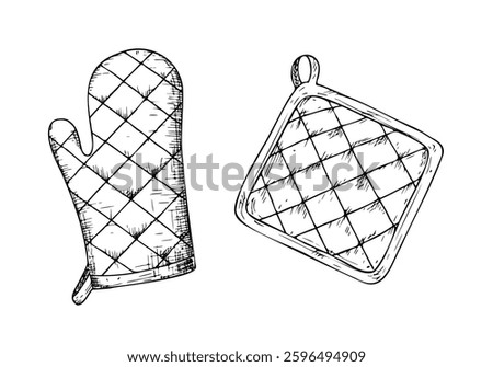Vector pot holders, Glove potholder. Graphic ink Oven Mitt, kitchen tool illustration isolated on background. Hand drawn line sketch. For designers, prints, logo, icon, menu, postcards, holiday