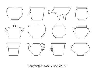 Vector pot and jug icon set. Vector illustration in line art style. Crockery for liquid of various shape. Editable stroke. Clay product made on potters wheel