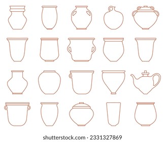 Vector pot and jug icon set. Vector contour illustration. Traditional crockery for food. Editable stroke. Old vase, ancient earthenware, craft jug, kitchen dish clay pot ceramic pottery bowl