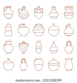 Vector pot and jug icon set. Vector contour illustration. Traditional crockery for food. Editable stroke. Old vase, ancient earthenware, craft jug, kitchen dish clay pot ceramic pottery bowl