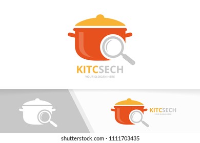 Vector pot and loupe logo combination. Kitchen and magnifying symbol or icon. Unique pan and search logotype design template.