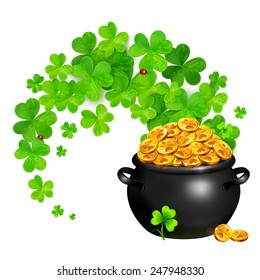 Vector pot of magic gold with clovers swirl