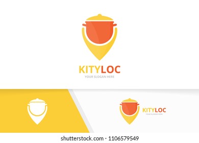 Vector pot and map pointer logo combination. Kitchen and gps locator symbol or icon. Unique pan and pin logotype design template.