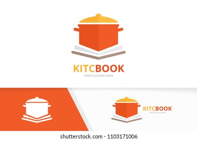 Vector pot and open book logo combination. Kitchen and bookstore symbol or icon. Unique pan and library logotype design template.