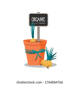 Vector pot with organic onions and a sign. Excellent for the design of postcards, posters, stickers and so on.