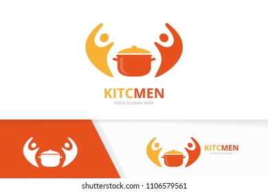Vector pot and people logo combination. Kitchen and family symbol or icon. Unique pan and team logotype design template.