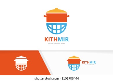 Vector pot and planet logo combination. Kitchen and world symbol or icon. Unique pan and globe logotype design template.