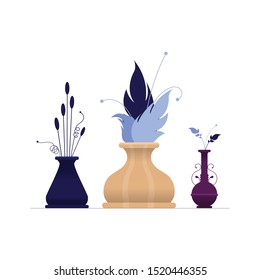 vector pot plants illustration. flower in vase. interior design elements. home decor decoration. house plants. collection.