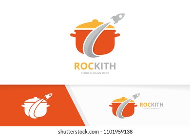 Vector pot and rocket logo combination. Kitchen and airplane symbol or icon. Unique pan and flight logotype design template.