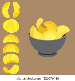 Vector potato chips in bowl and potato chips with texture, flat design