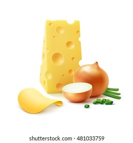 Vector Potato Crispy Chips with Cheese and Onion Close up Isolated on White Background