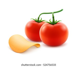 Vector Potato Crispy Chips with Red Tomato Close up Isolated on White Background