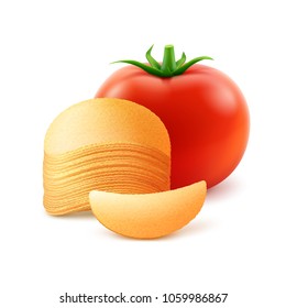 Vector Potato Crispy Chips Stack with Red Tomato Close up Isolated on White Background