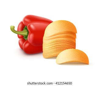 Vector Potato Crispy Chips Stack with Paprika Close up Isolated on White Background