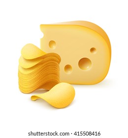 Vector Potato Crispy Chips Stack with Cheese Close up Isolated on White Background