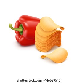 Vector Potato Crispy Chips Stack with Paprika Close up Isolated on White Background