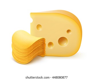 Vector Potato Crispy Chips Stack with Cheese Close Up Isolated on White Background