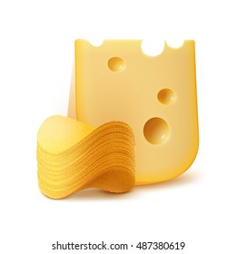 Vector Potato Crispy Chips Stack with Cheese Close up Isolated on White Background