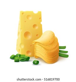 Vector Potato Crispy Chips Stack with Cheese and Onion Close up Isolated on White Background