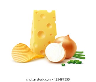 Vector Potato Ripple Crispy Chips with Cheese and Onion Close up Isolated on White Background