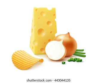 Vector Potato Ripple Crispy Chips with Cheese and Onion Close up Isolated on White Background