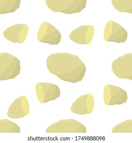 Vector Potato Seamless Pattern on White Background. Whole, Slices, Half, Circle Potatoes. Tasty Vegetable. Fast Food Snack. Organic Food.