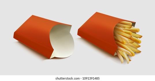 Vector Potatoes French Fries in Red Carton Package Box Isolated on gray background. Fast Food