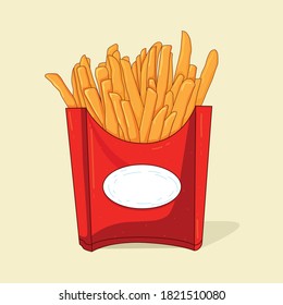 Vector Potatoes French Fries in Red Carton Package Box Isolated on Yellow background. Fast Food