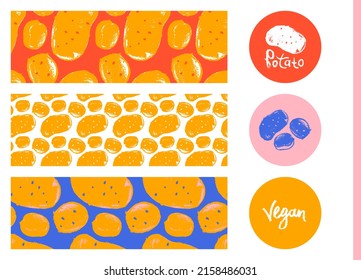 Vector Potatoes Pattern Seamless. Hand Drawn Potato Drawings, Root Vegetable Illustration. Vegetarian Restaurant Banner. Botanical Background For Food Label, Chips Packaging. Organic Food Concept.