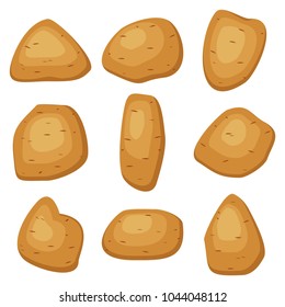 Vector potatoes set isolated on white background. Potatoes different shapes with brown pointed skin. Vegetable potato in flat style vector illustration
