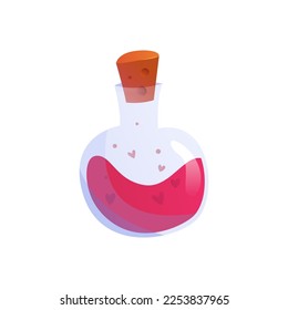 Botella de poción vectorial con elixir de amor mágico. Matraz de vidrio de ilustración de dibujos animados.