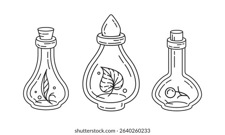 Vector potion bottles with herbs and leaves black linear icons for stickers, planners, and fantasy designs