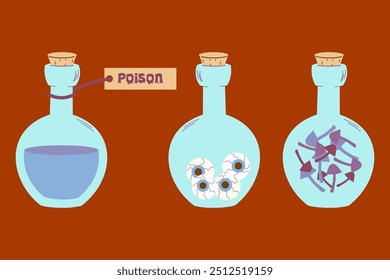 vector potion bottles that showcase a variety of different liquids and contents. Halloween decorations. witch potion .