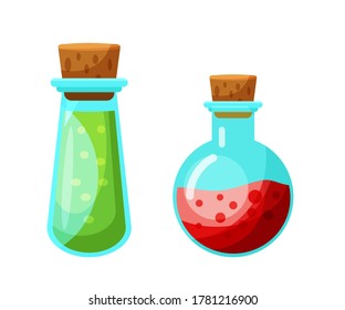 Vector potion in glass flask isolated set on white background. Magical liquid poison drink. Magnificent elixir substance in corked jar. RPG game item, gaming artifact. Alchemy or chemistry asset