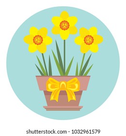 Vector potted daffodil flowers with yellow bow. Icon. Greeting card template with narcissus illustration. Spring flowers in flat style.