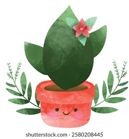 A vector of potted plants Illustration, cuteand succulents with funny faces in pot. Kawaii Funny succulent with cute face in pot, kawaii plant