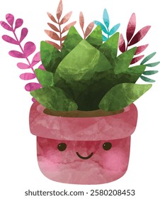 A vector of potted plants Illustration, cuteand succulents with funny faces in pot. Kawaii Funny succulent with cute face in pot, kawaii plant