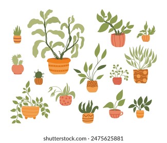 Vector potted plants set. Interior houseplants in planters, baskets, flowerpots. Home indoor green decor. Flat illustrations isolated on white background. Different succulents, cacti, foliage. 