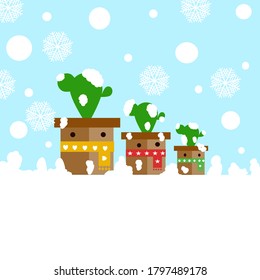 Vector potted plants in winter snowing white