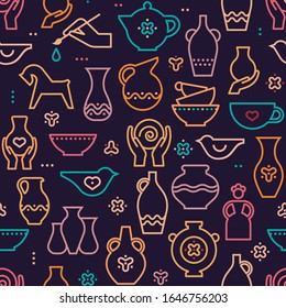 Vector Pottery Seamless Pattern - Ceramics For Art Studio, Design Elements For A Hobby, Masterclass. Greek Vase, Amphora, Antique Pitcher, Pottery. 