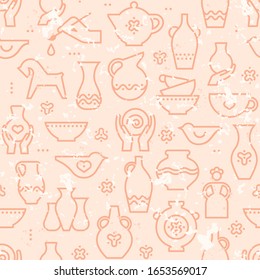 Vector Pottery Seamless Pattern - Ceramics For Art Studio, Design Elements For A Hobby, Masterclass. Greek Vase, Amphora, Antique Pitcher, Pottery. 